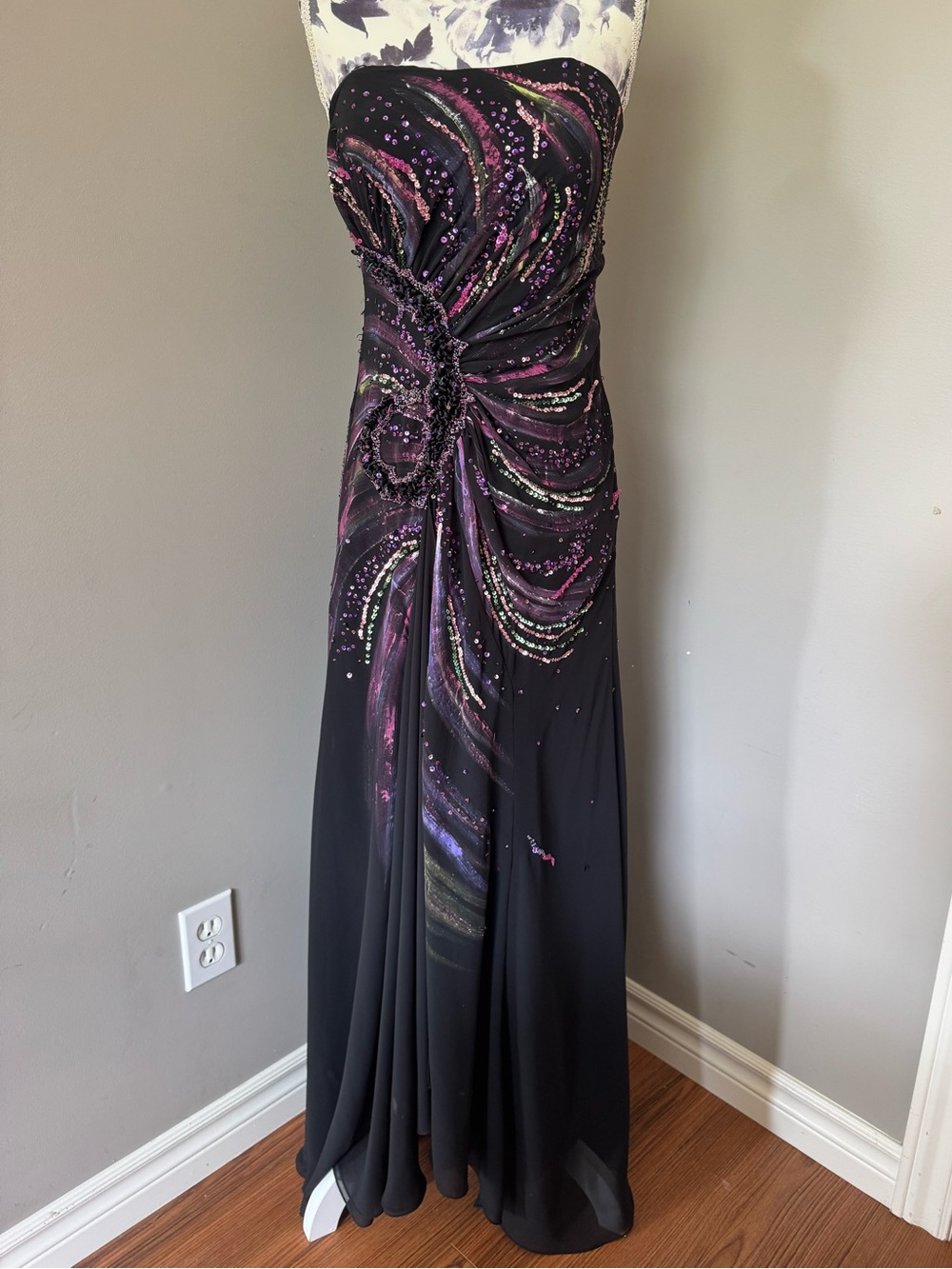 Vintage After Six Strapless Black Evening Gown with Purple and Silver Accents